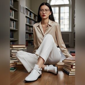 Halogen, Tige En Cuir, White LeatherBuckle Moto Bootie Studs